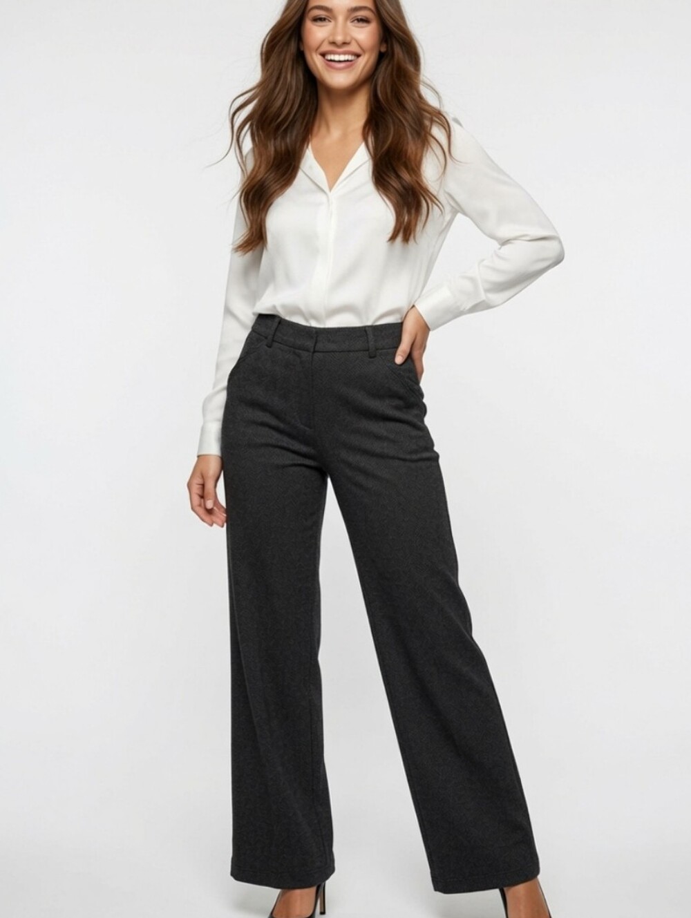 Lee Extremely Soft Wide-Leg Dress Chevron Long Pants in Charcoal(size:14L)